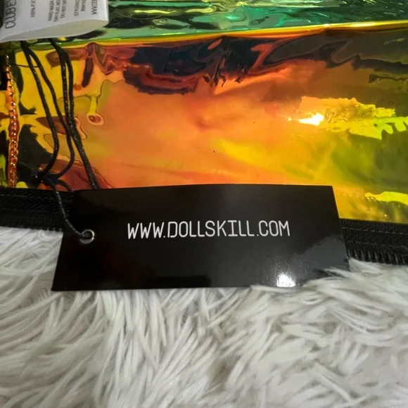 CLUB EXX Techno Gurl Hologram Vinyl Pinafore Overall Dress Metallic Blue Copper - Picture 11 of 12